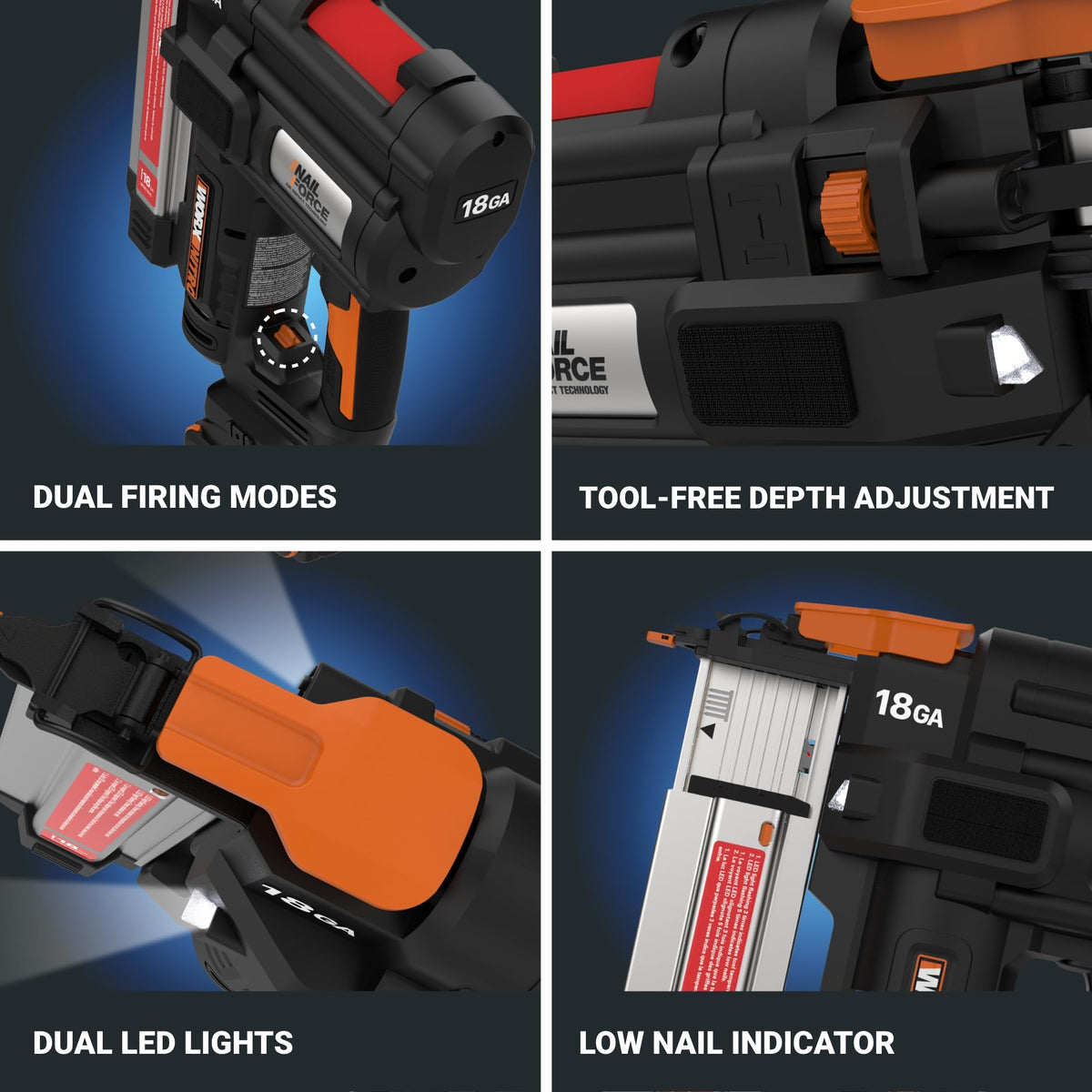 WORX Nitro 20V brad nailer anti-ejection design increases safety.