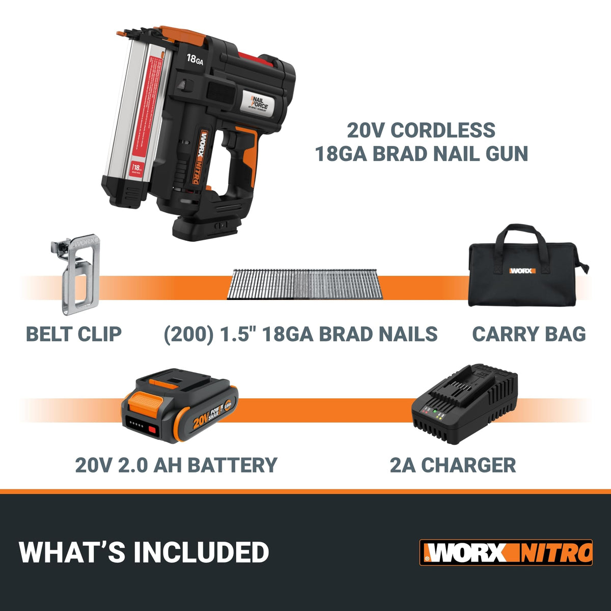 WORX Nitro 20V brad nailer battery included with charger.