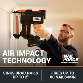 WORX Nitro 20V brad nailer with depth adjustment for controlled embedding.