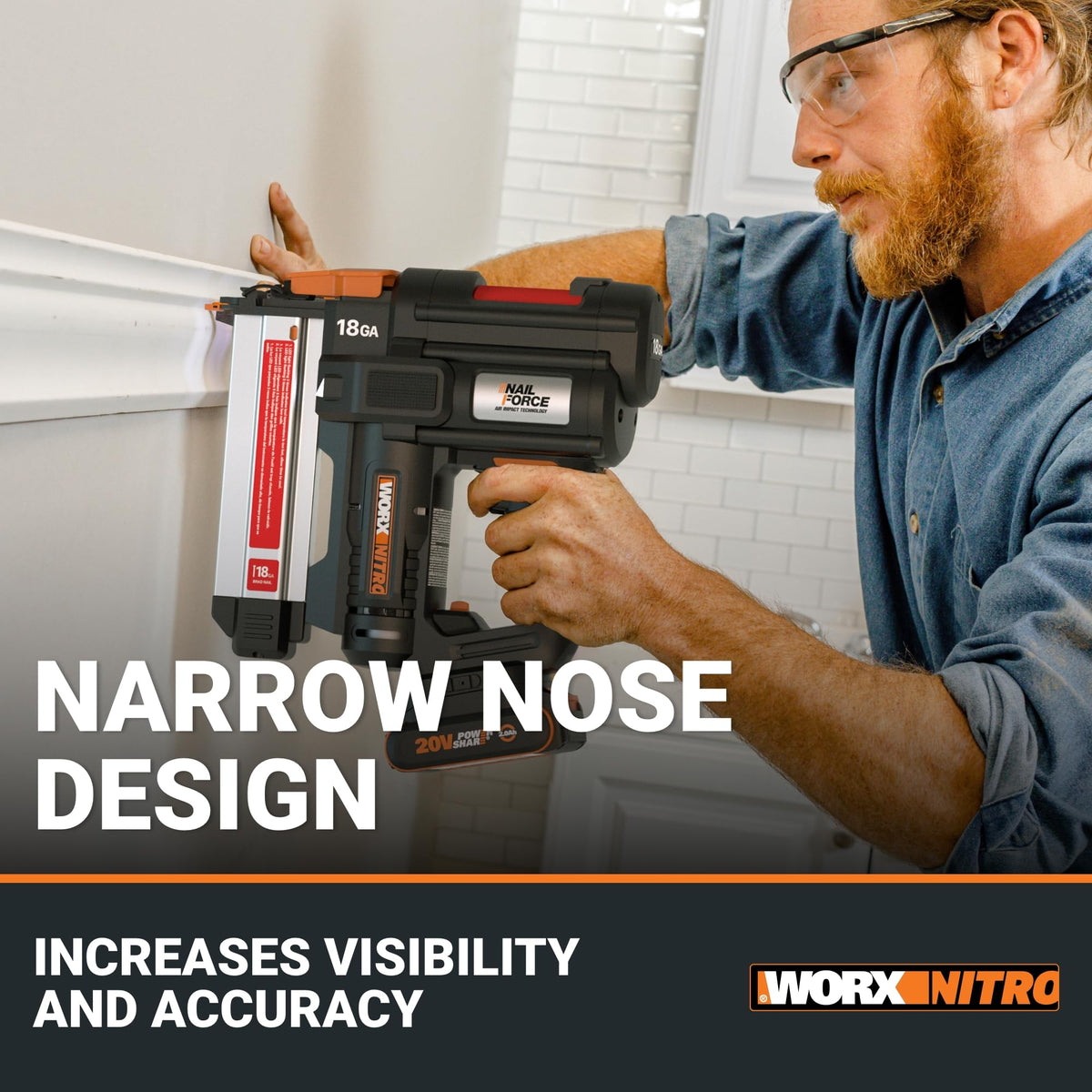 WORX Nitro 20V brad nailer micro-textured grip enhances comfort.