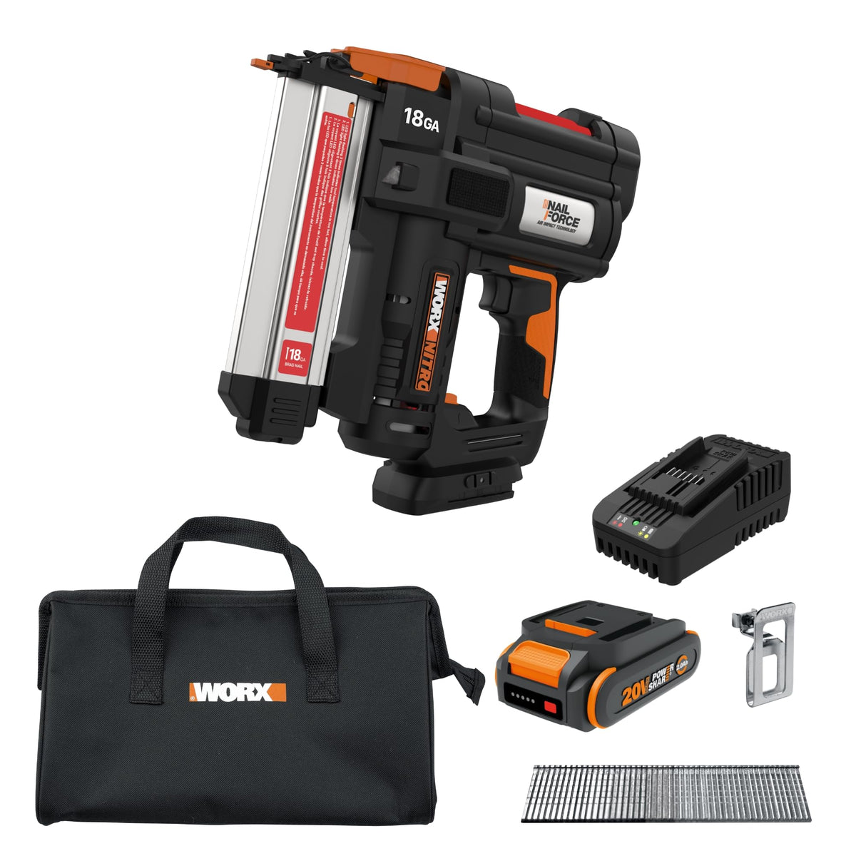 WORX Nitro 20V brad nailer with narrow nose for precise trim placement.