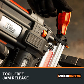 WORX Nitro 20V brad nailer tool-free jam release for quick clear jams.