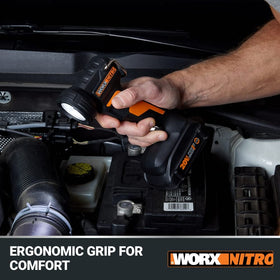 WORX Nitro 20V LED work light tilt range from -5 to 90 degrees