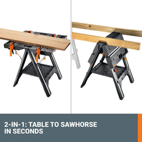 WORX Pegasus sawhorse-lumber-support keeps large pieces steady for precise cuts.