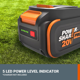 WORX Power Share PRO 4.0Ah battery compatible with 140+ Worx tools in the Power Share lineup.