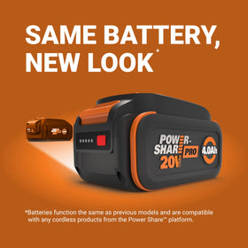 WORX Power Share PRO 4.0Ah battery with charge indicator and quick-release feature.
