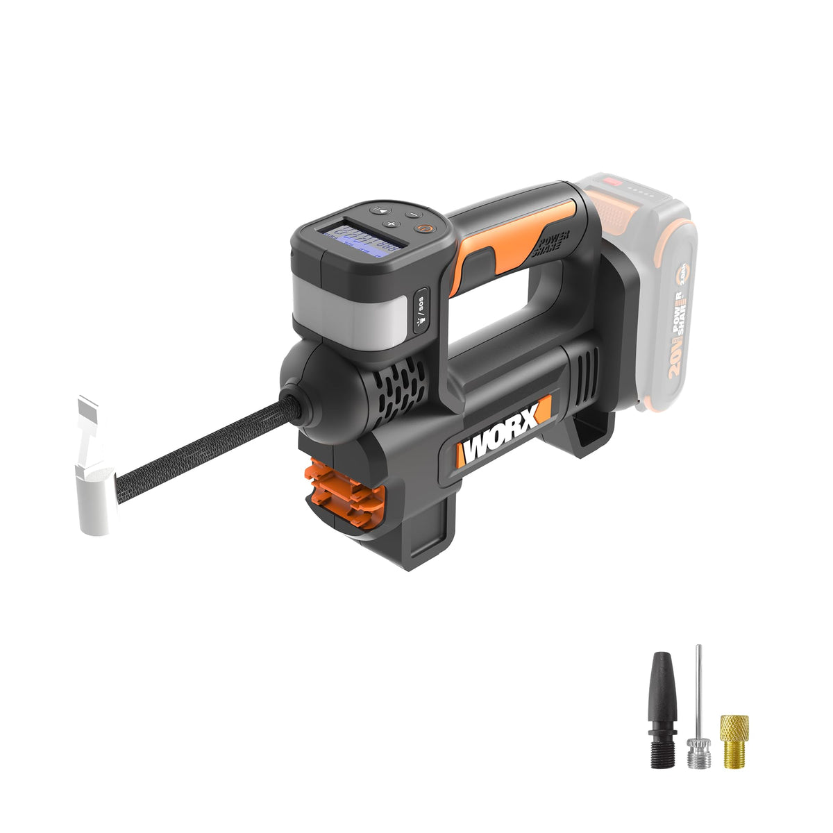 WORX tire inflator with digital gauge for precise PSI.