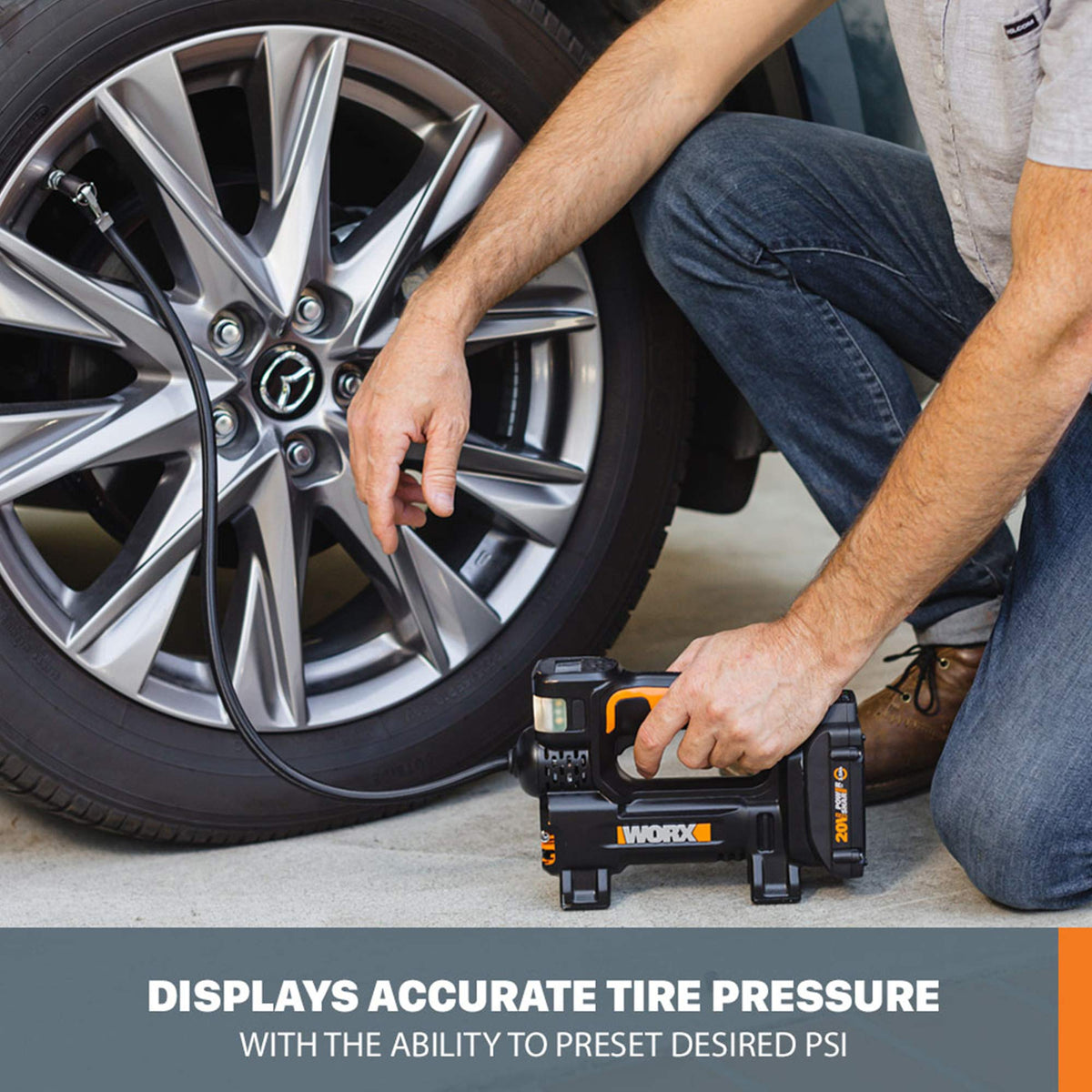 WORX inflator shows hose and adapters for bikes and balls.