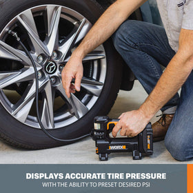 WORX inflator shows hose and adapters for bikes and balls.