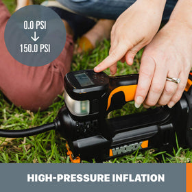WORX inflator LED work light illuminates tire area.