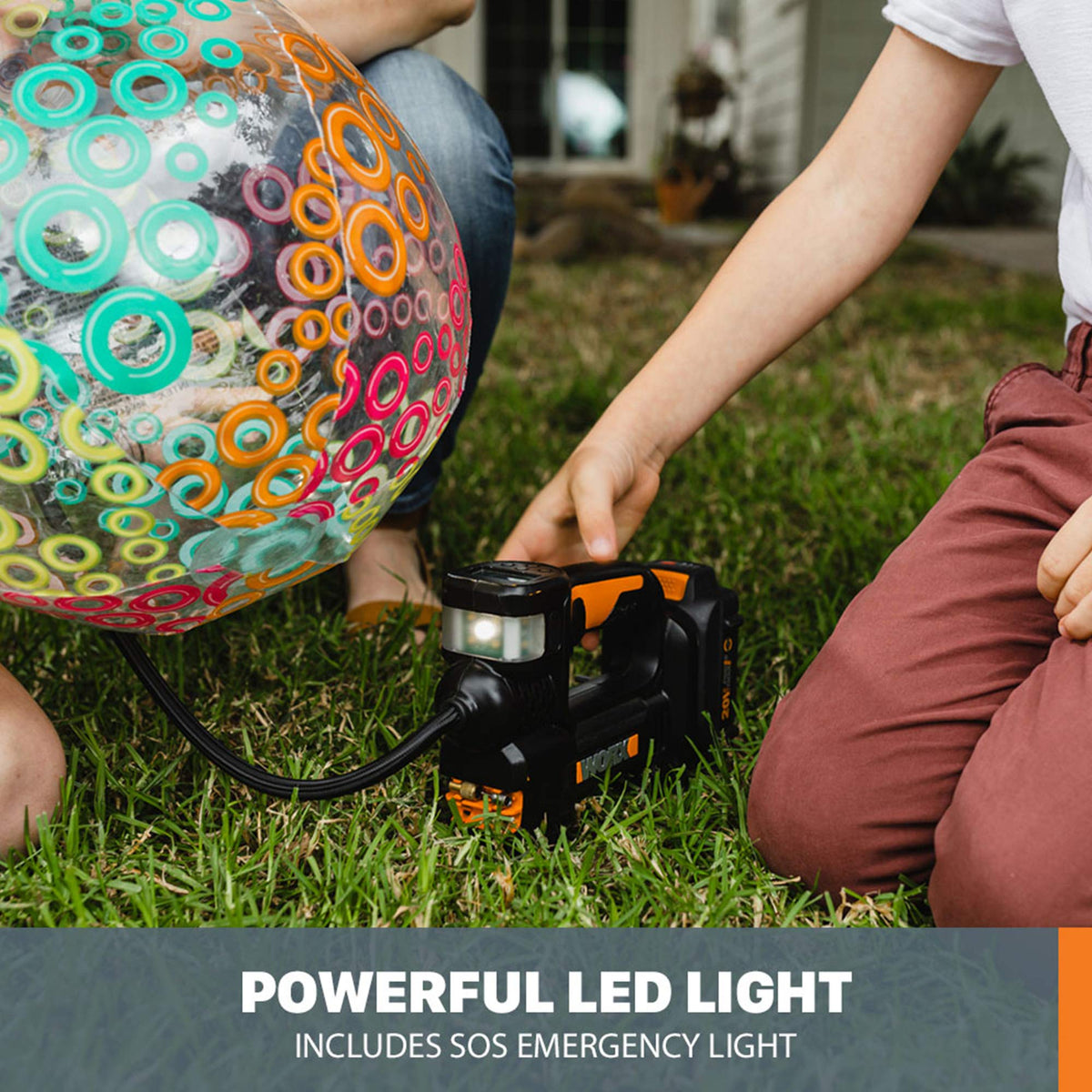 WORX inflator with onboard adapter storage for easy access.