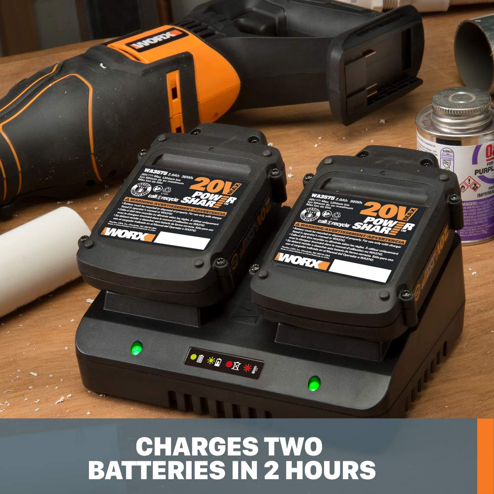 WORX WA3770 indicators show battery status on each port.