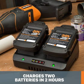 WORX WA3770 indicators show battery status on each port.