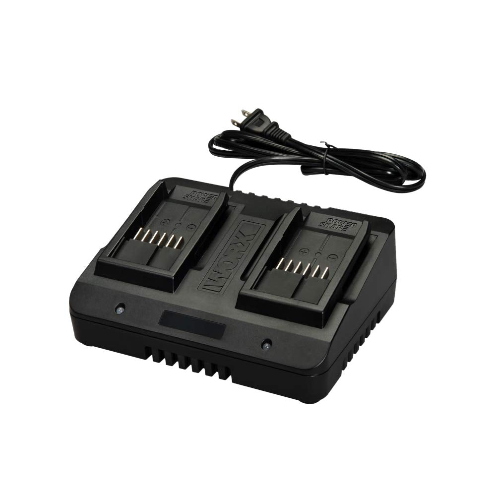 WORX WA3770 dual-port charger front view charging two 20V batteries.