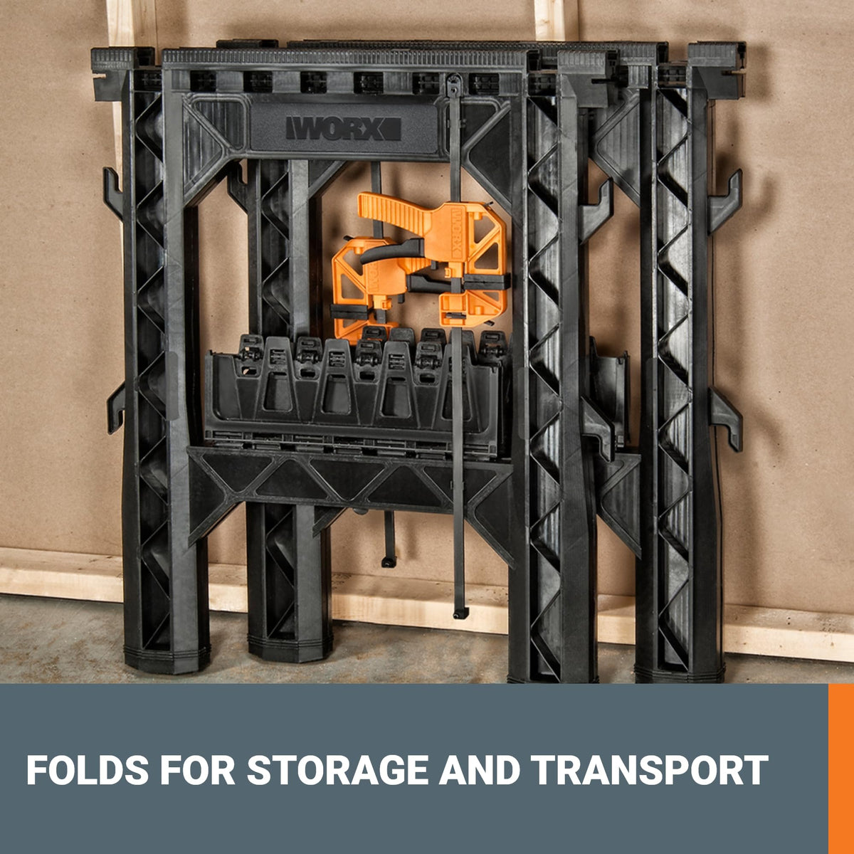 WORX WX065.3 detachable clamps enable horizontal or vertical use across workspaces