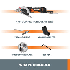 WORX Worxsaw includes 4.5-inch blade and hex key for quick setup.