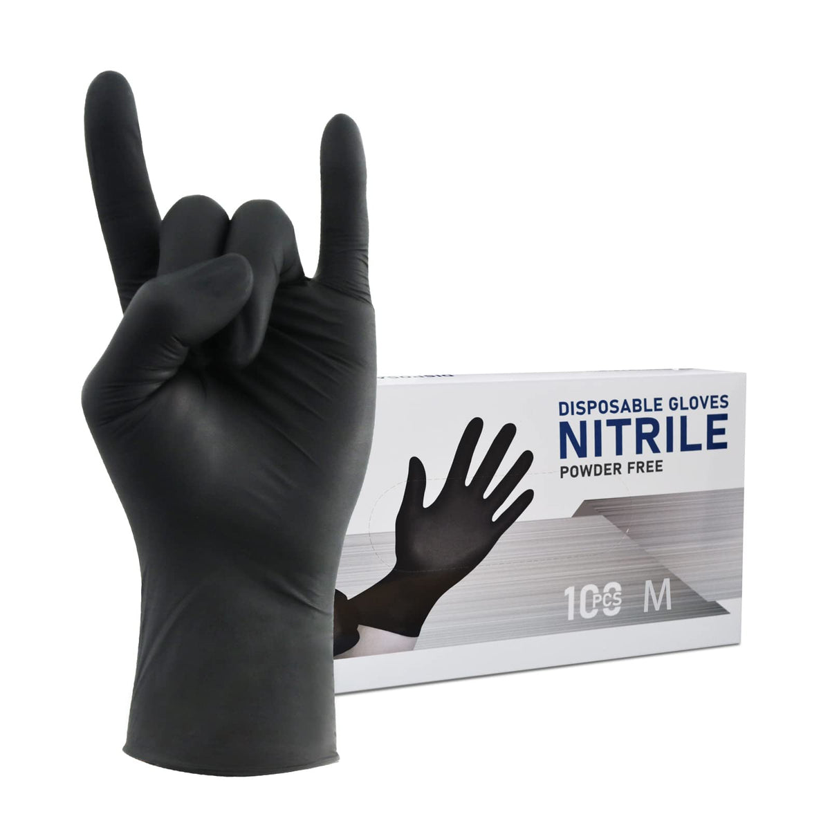 Wostar black nitrile gloves front package view for quick protection.