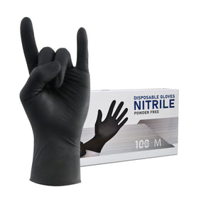 Wostar black nitrile gloves front package view for quick protection.