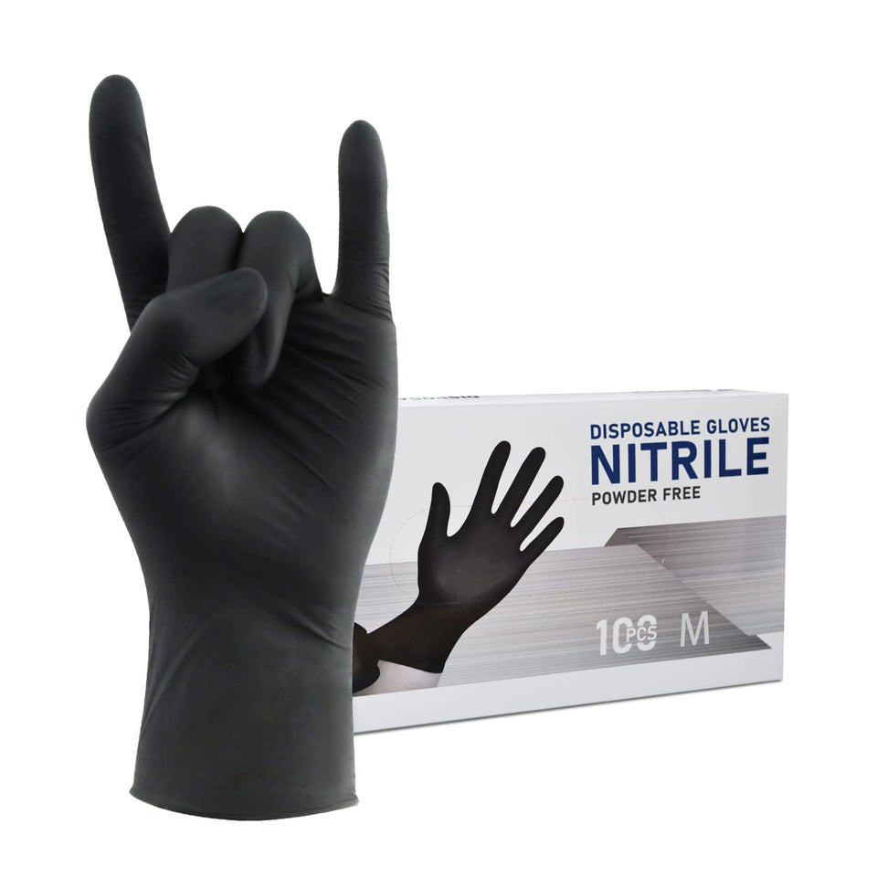 Wostar black nitrile gloves front package view for quick protection.