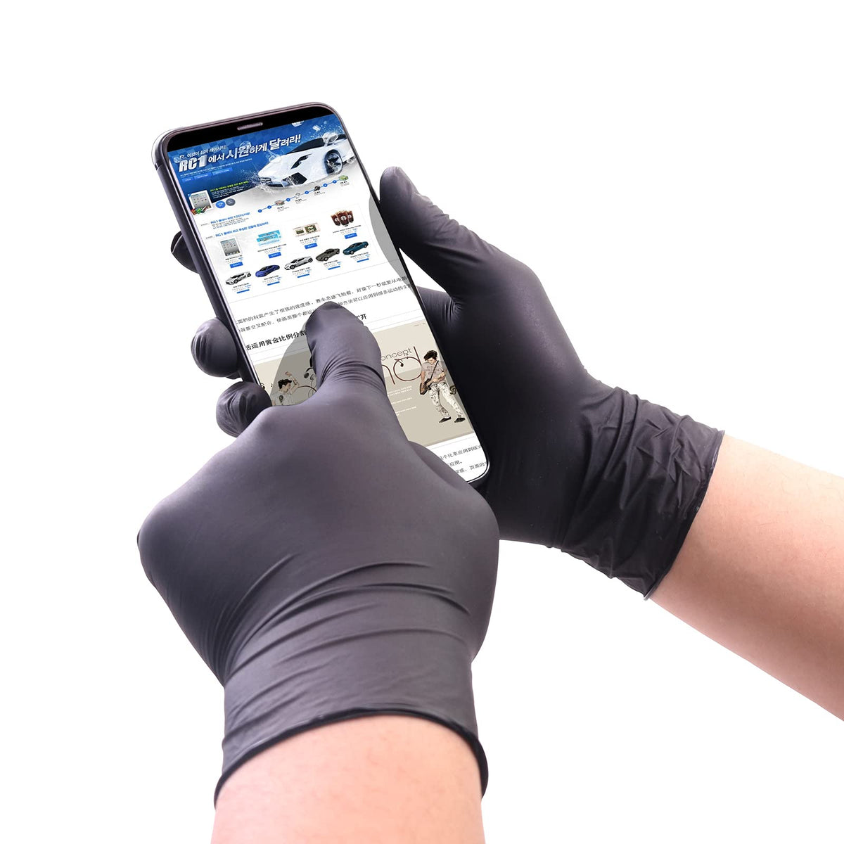 Wostar black nitrile gloves on hand showing comfortable, secure fit.
