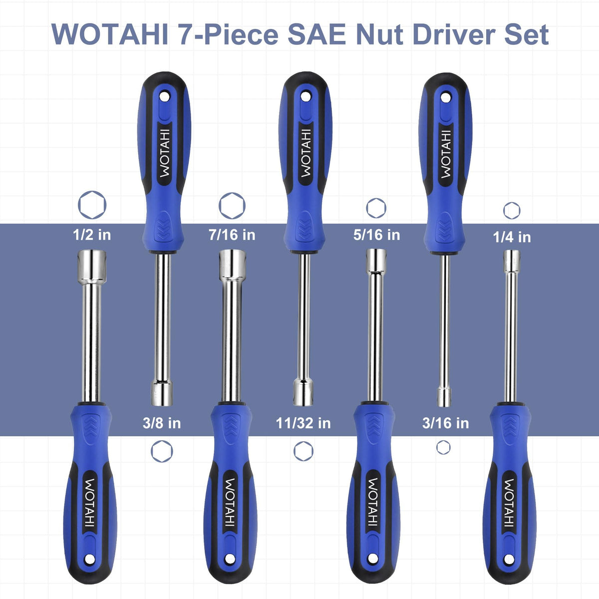 WOTAHI 1-4 hex-tip nut driver showing secure hex grip and clarity.