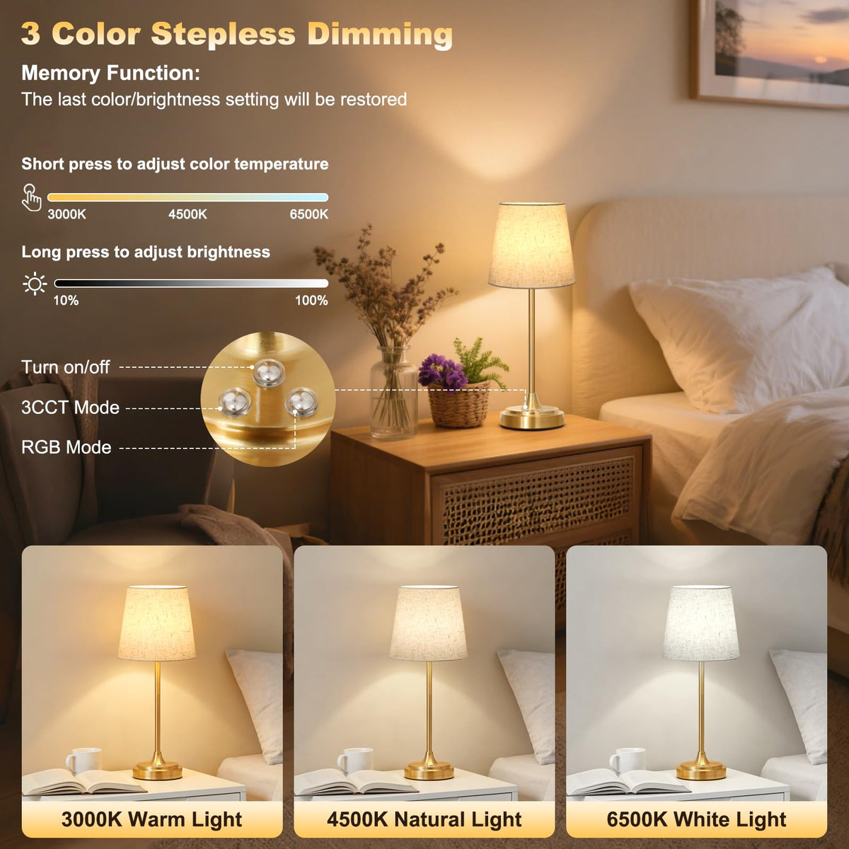 Wowag table lamp offers 3 color temperatures for versatile mood lighting.