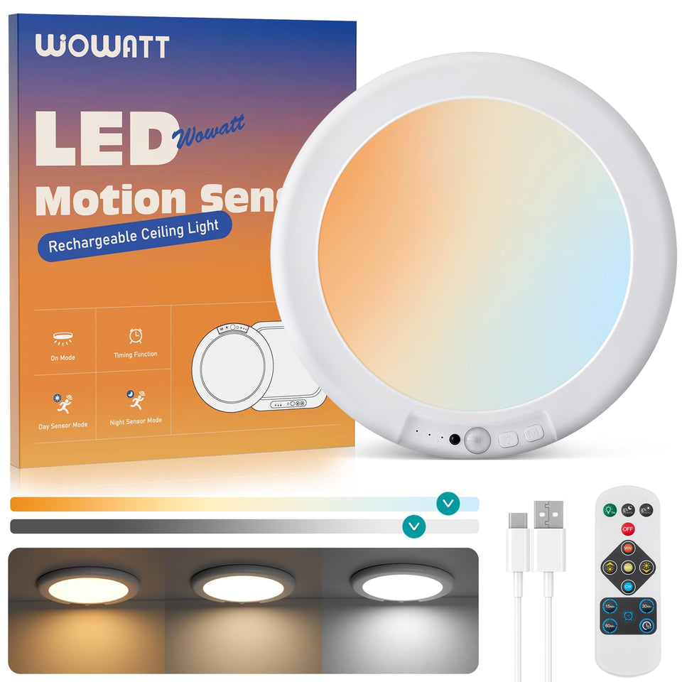 Wowatt rechargeable ceiling light battery-powered for flexible wireless installation.