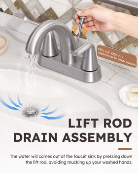 WOWOW 4-inch centerset faucet close-up with two handles for precise temperature control.