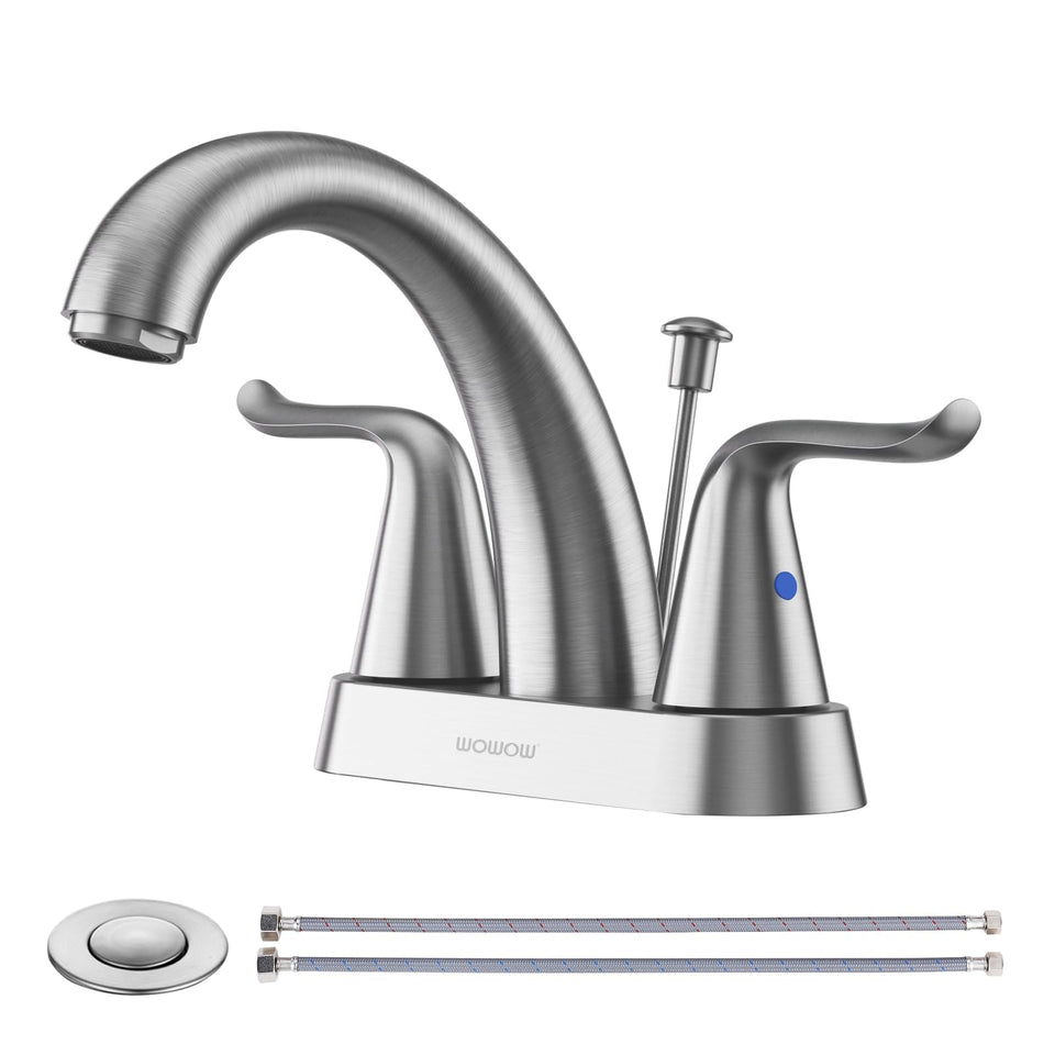 WOWOW bathroom faucet front view in brushed nickel showing modern design and durable construction.