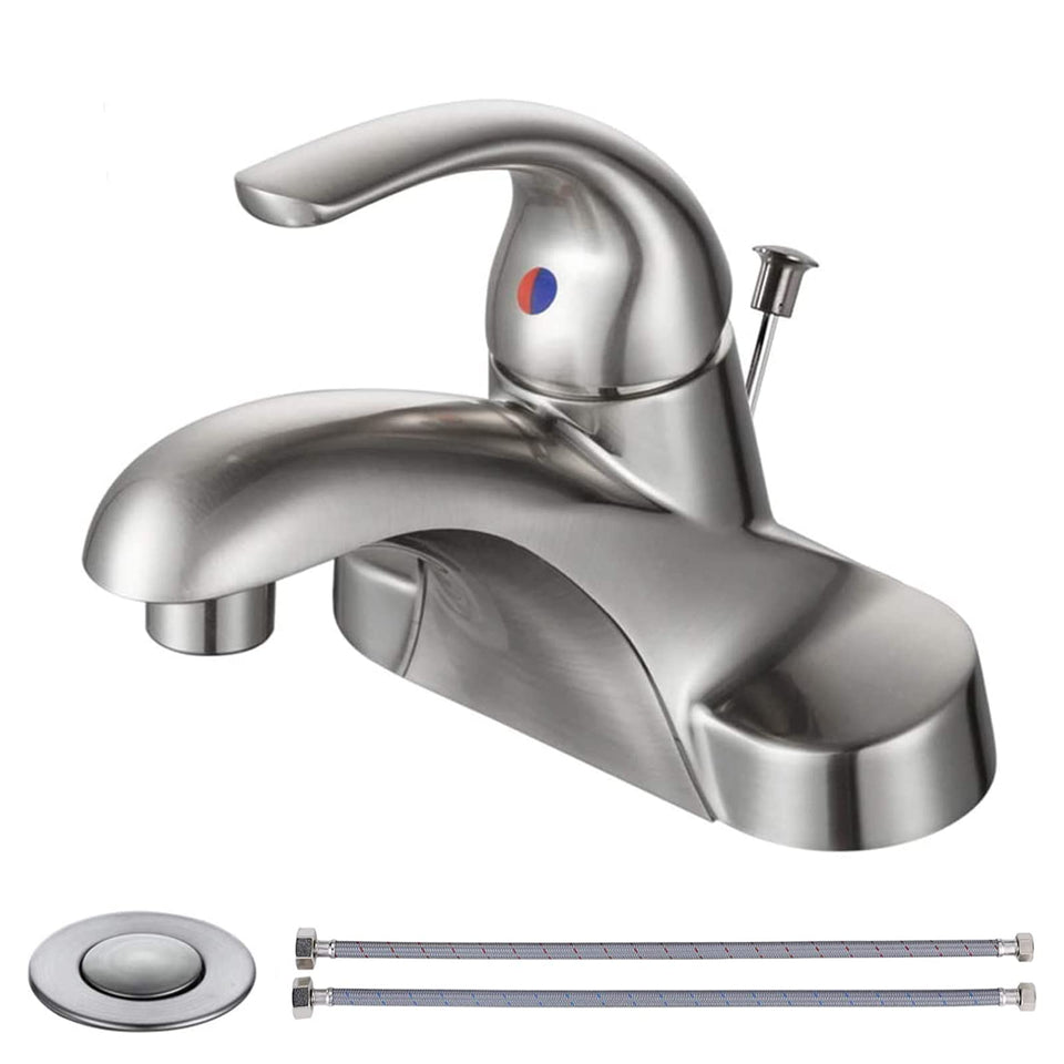 WOWOW bathroom faucet low arc close-up in brushed nickel for modern style and durability
