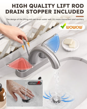 WOWOW lift rod drain close-up demonstrating easy-to-use drainage stopper.