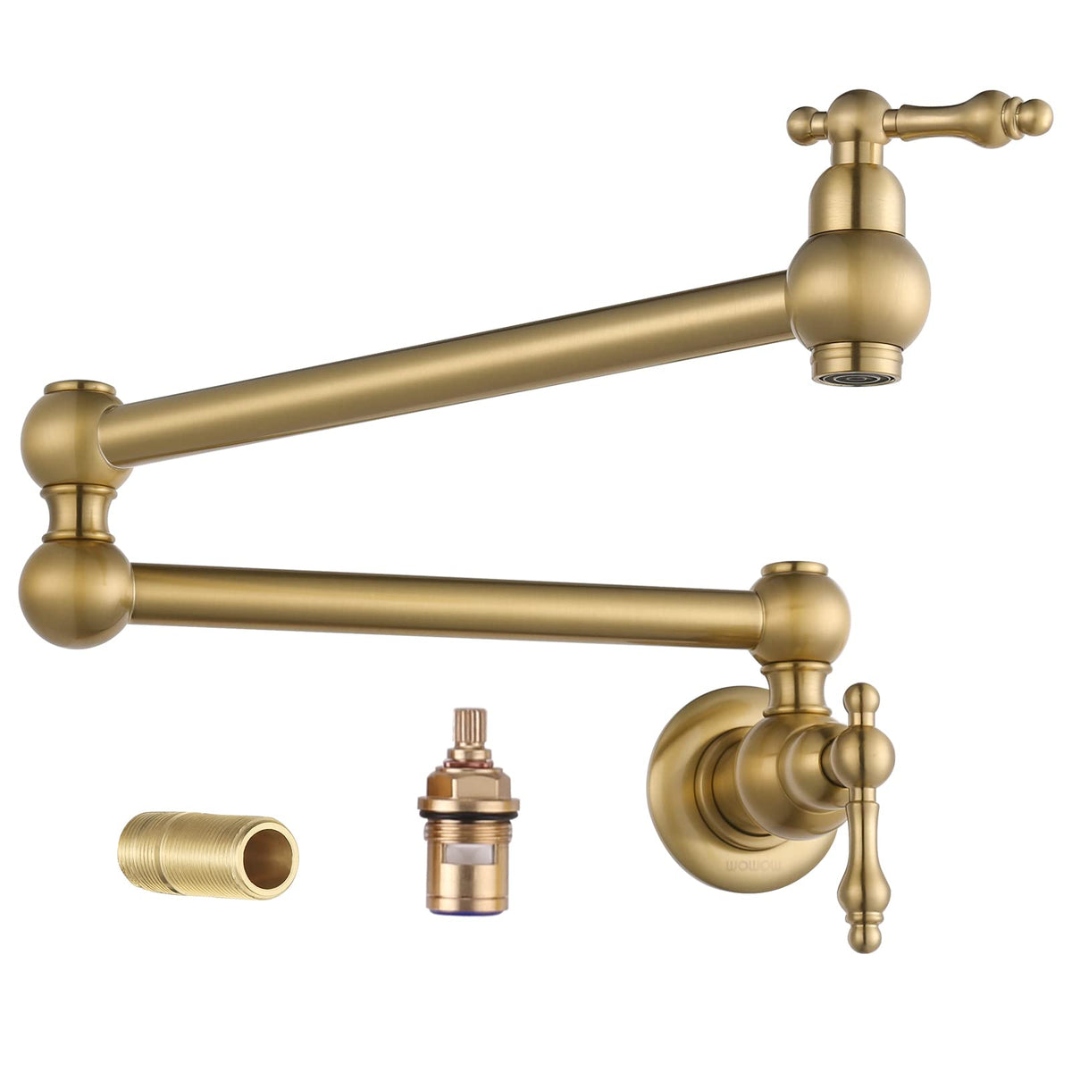 WOWOW gold wall-mount pot filler in brass adds luxury and practicality.