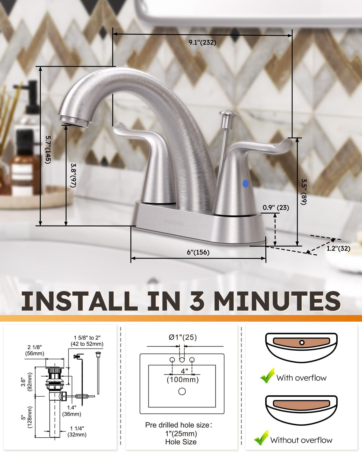 WOWOW pop-up drain and hardware shown for hassle-free setup.