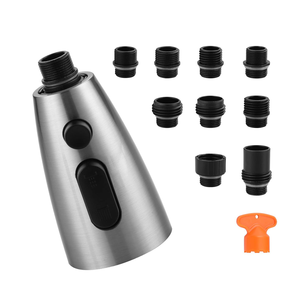 WOWOW brushed nickel faucet head with three-function pull-out spray for versatile kitchen tasks.