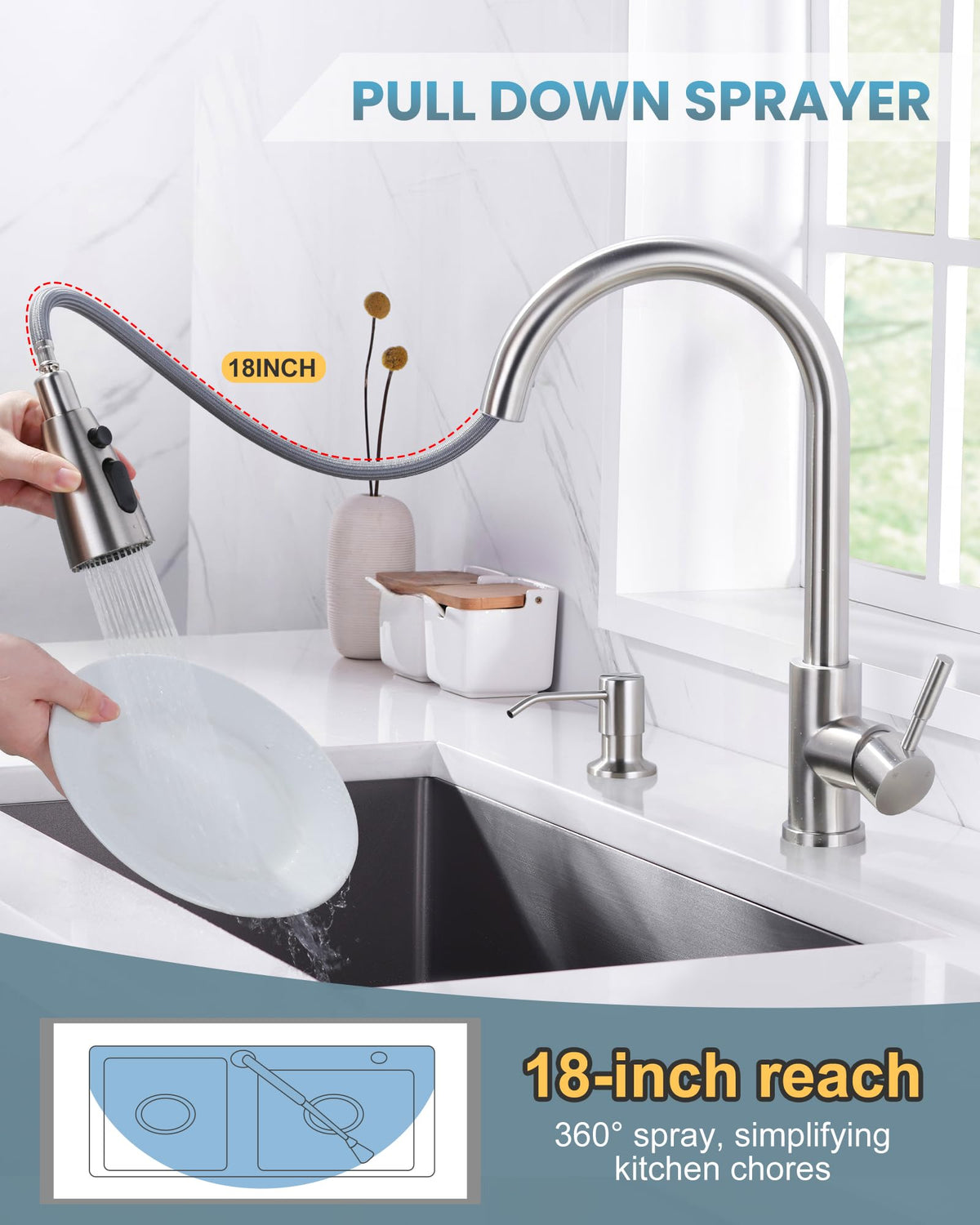 WOWOW faucet offers three modes: Stream, Spray, Sweep for versatile tasks