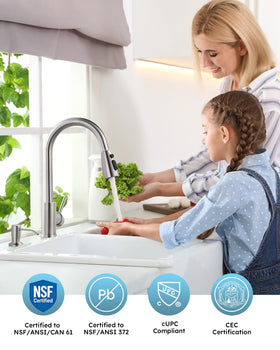 WOWOW pull-down sprayer extended for easy reach across a wide sink