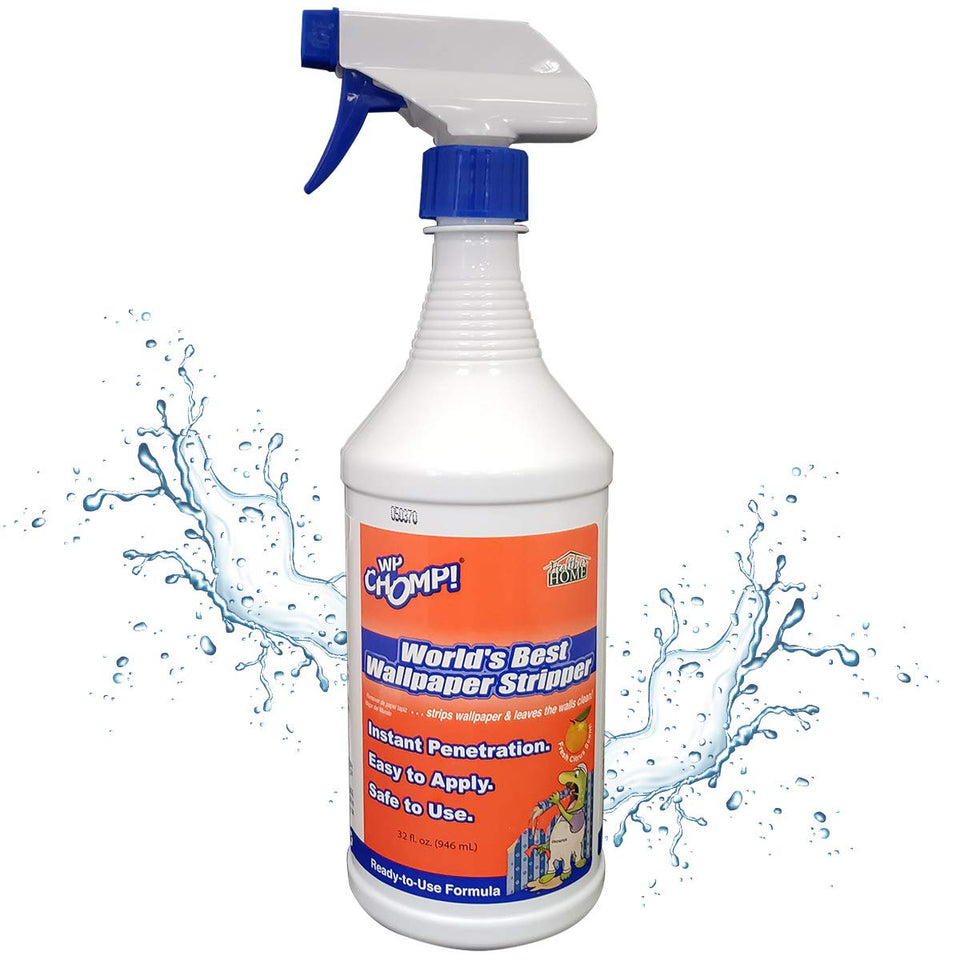 WP Chomp wallpaper stripper bottle pour demonstrates fast penetration for easy adhesive removal.