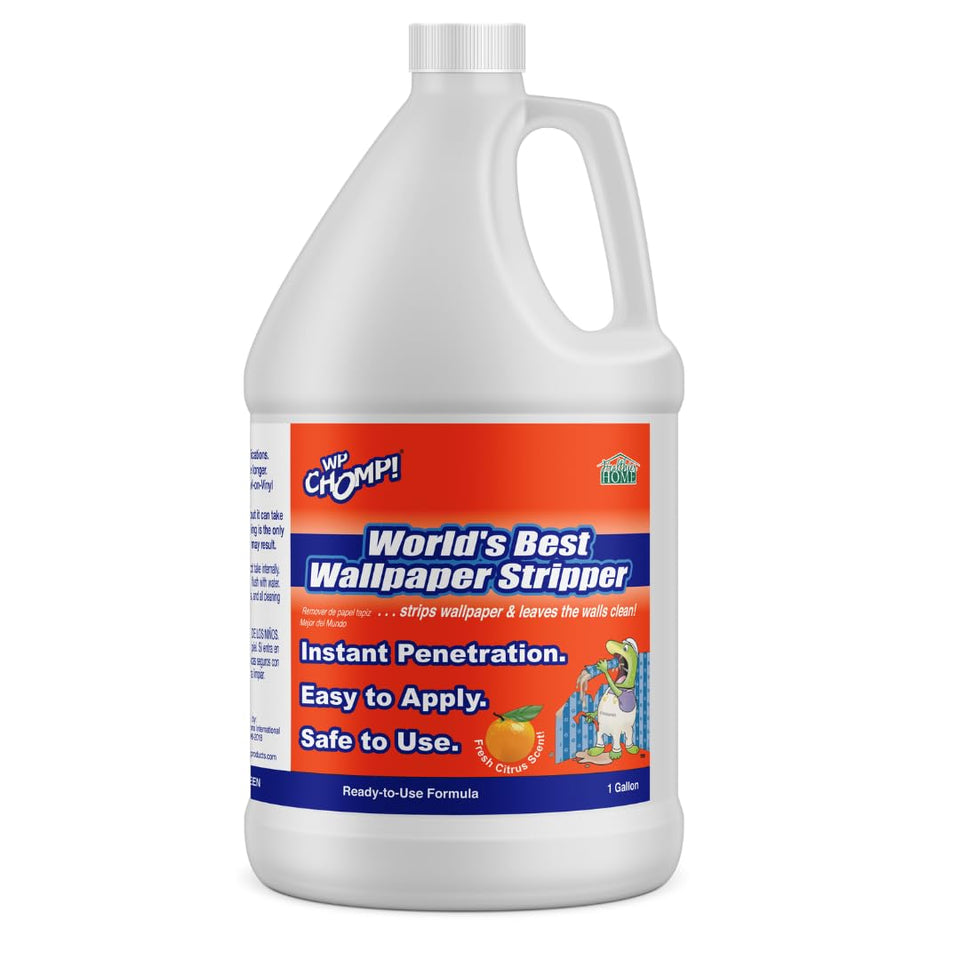 WP CHOMP wallpaper stripper bottle with citrus scent for quick, safe removal of wallpaper adhesive