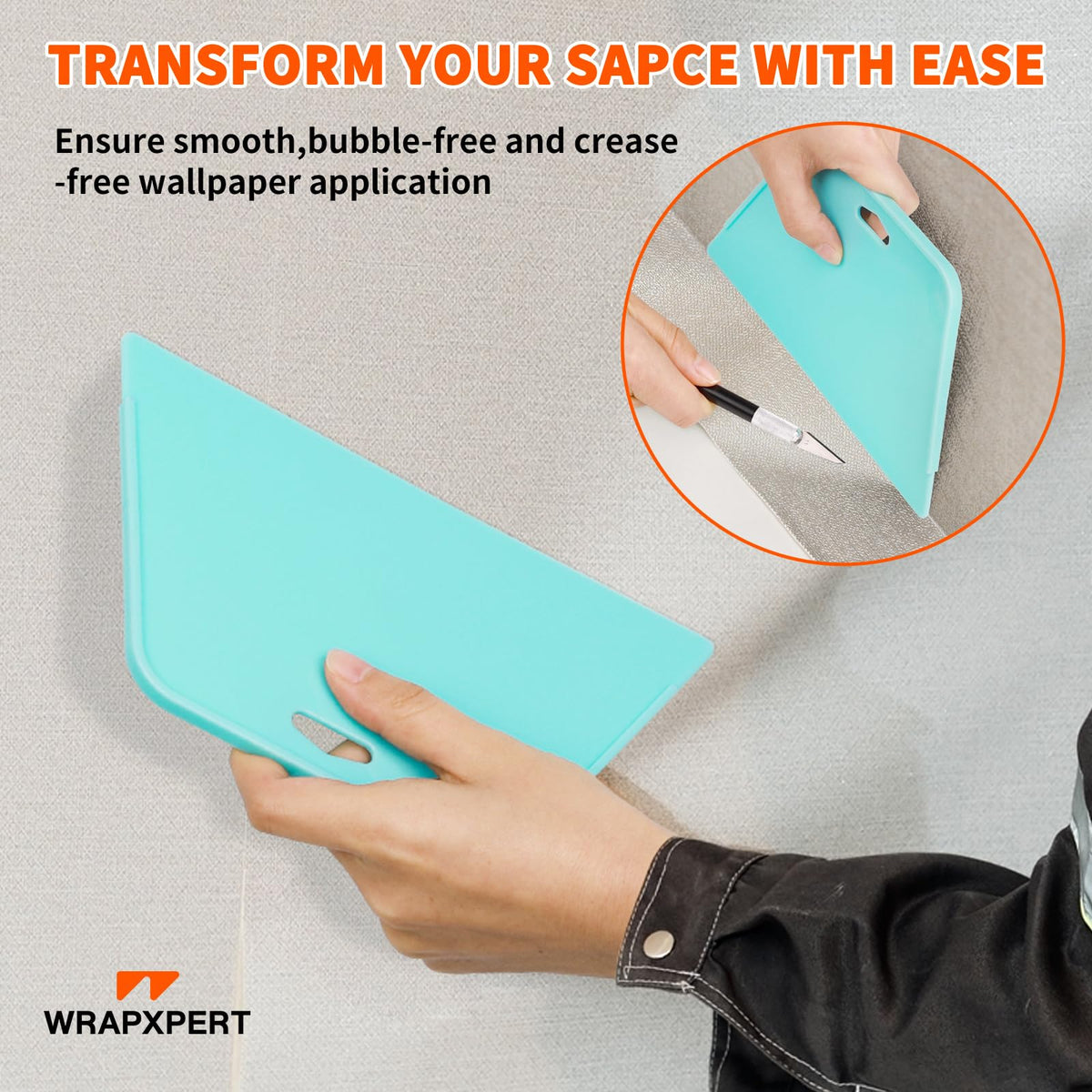 WRAPXPERT big smoothing squeegee gliding over wallpaper to press out wrinkles.
