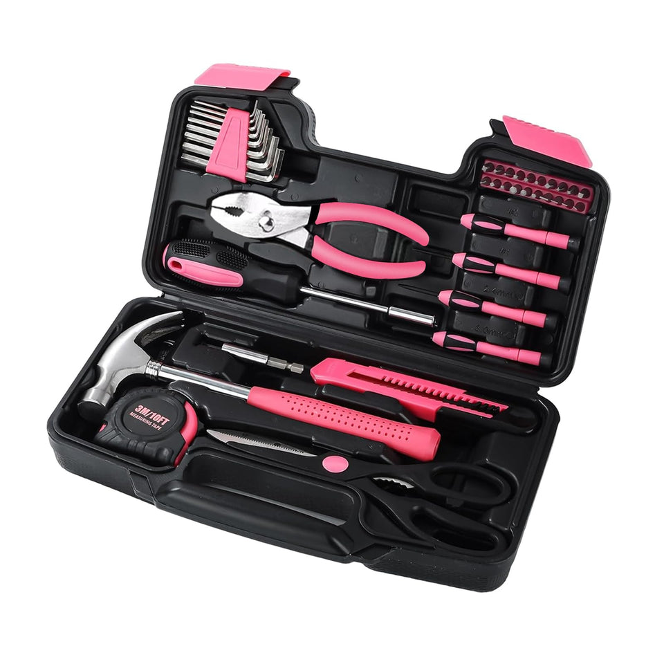 Wrenzo 39-piece tool set in pink case ready for home repairs and assembly