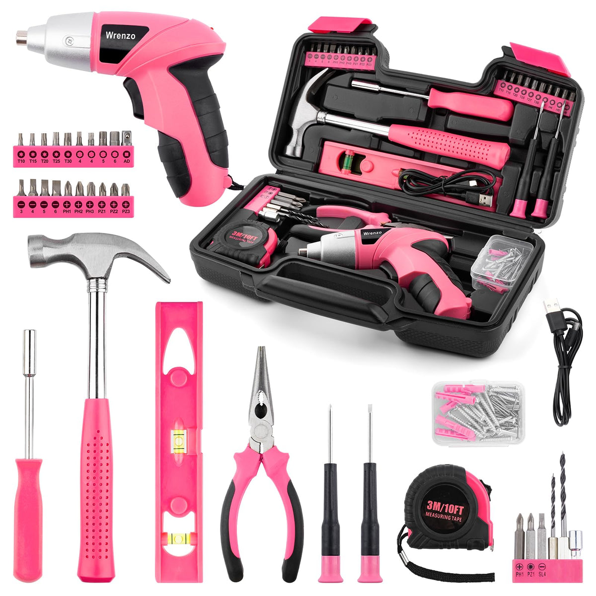 Wrenzo pink tool set with cordless drill for quick home repairs