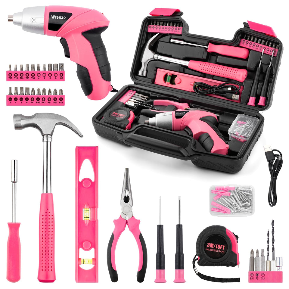 Wrenzo pink tool set with cordless drill for quick home repairs