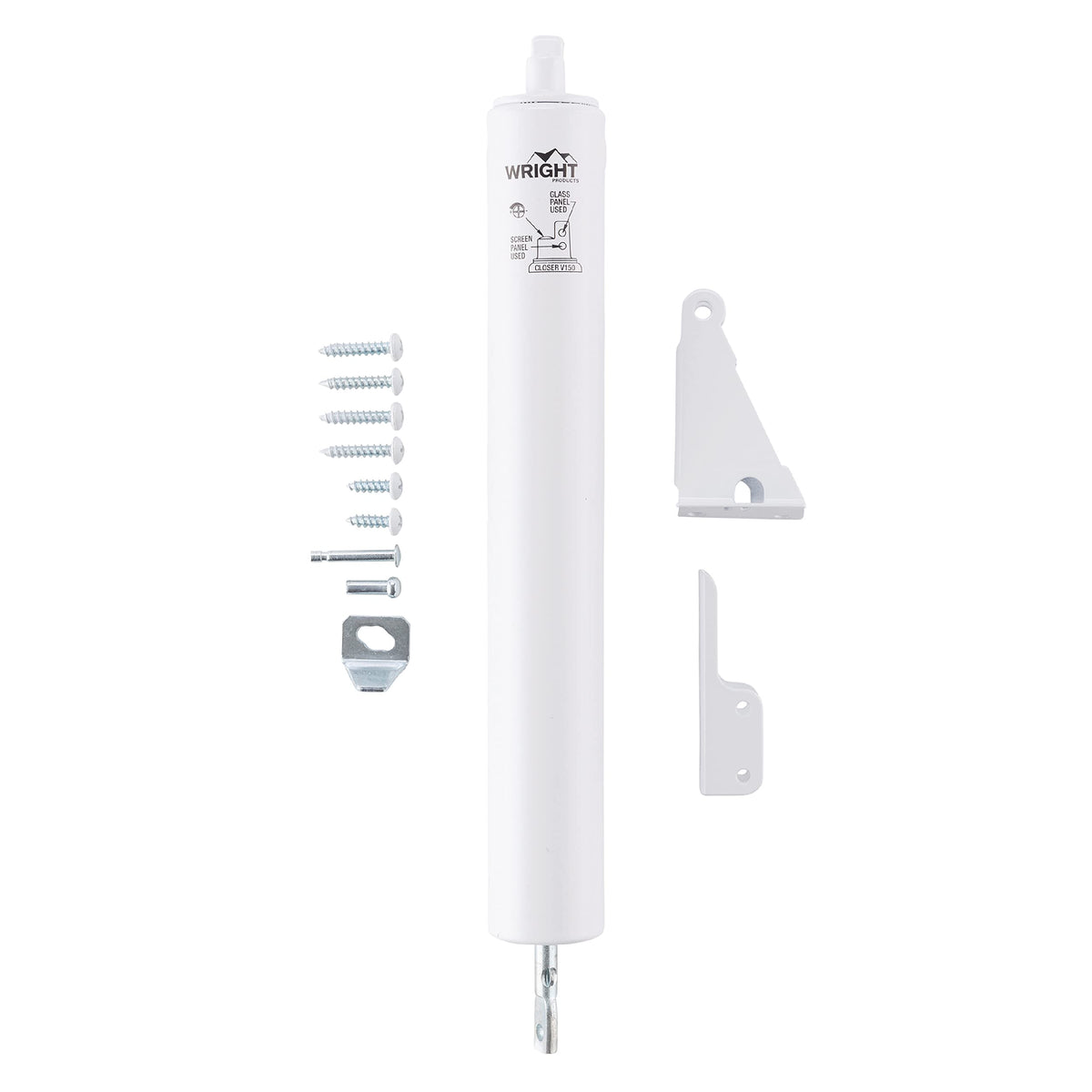 Wright Products heavy-duty pneumatic storm door closer closeup showing smooth, quiet closing.