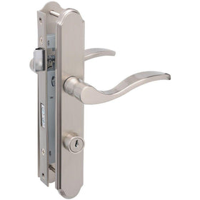Wright Products Serenade mortise lever lock close-up showing satin nickel finish for durability.