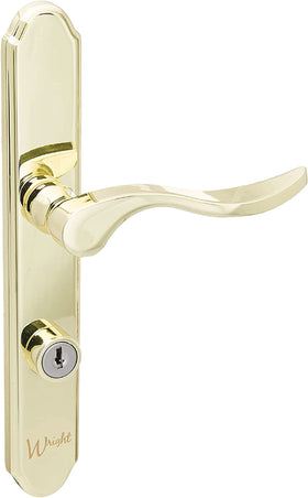 Wright Products Serenade mortise lock exterior in brass provides durable, weather-ready security.