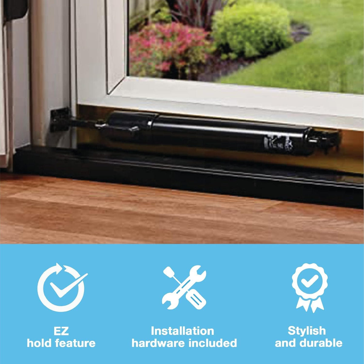 V2012BL closer shows full 90-degree opening range for door clearance