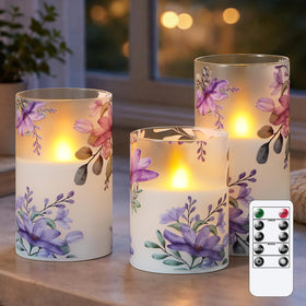 Wroxipel flameless pillar candle, 4-inch with purple flowers adds elegant ambiance to tables