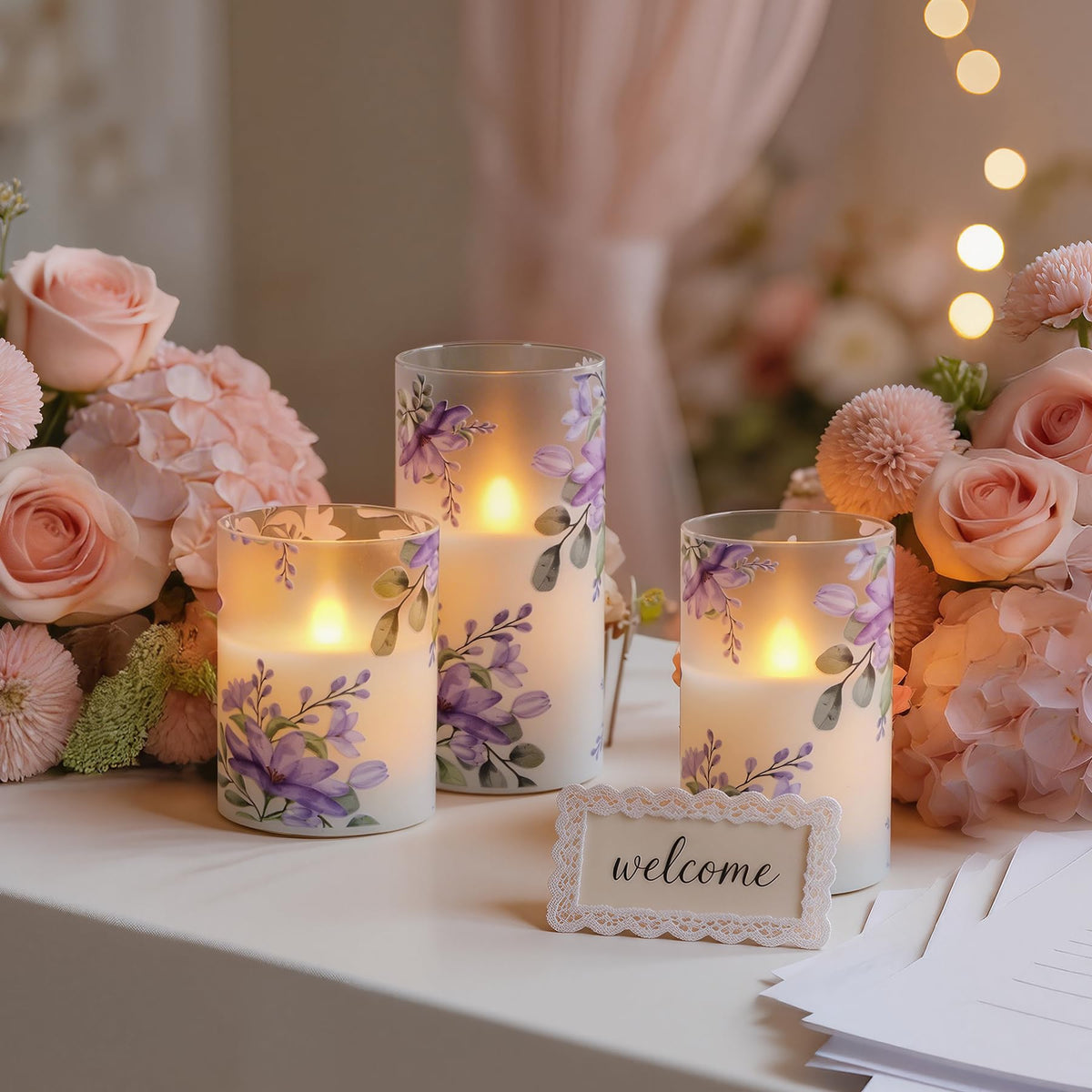Wroxipel flameless pillar candle, 5-inch, layered glow on shelves