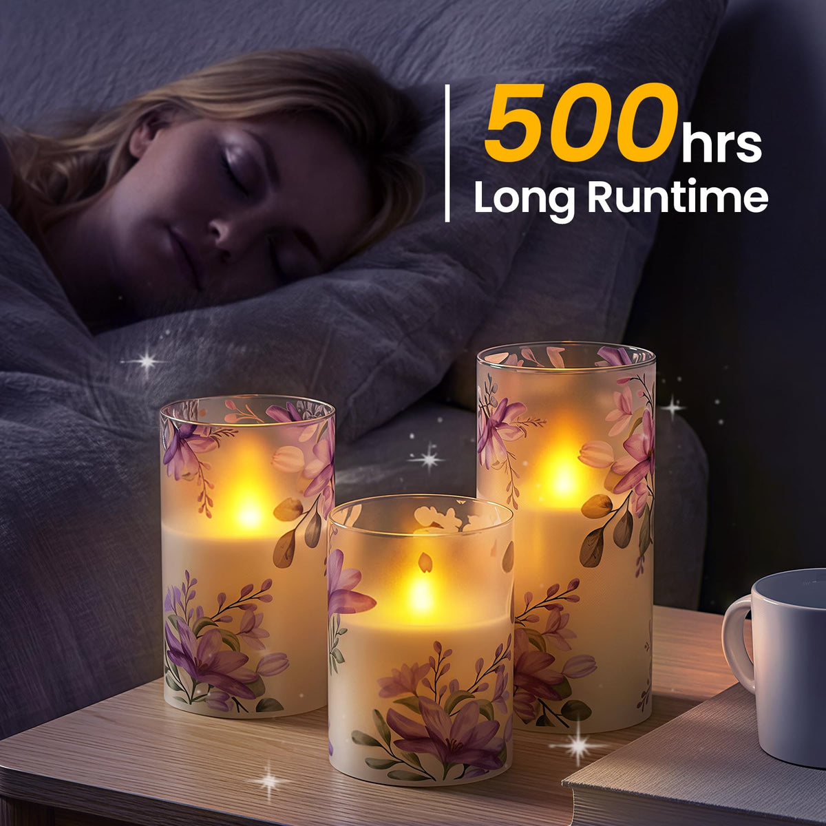 Wroxipel glass-real-wax candle with purple flower design for elegant decor