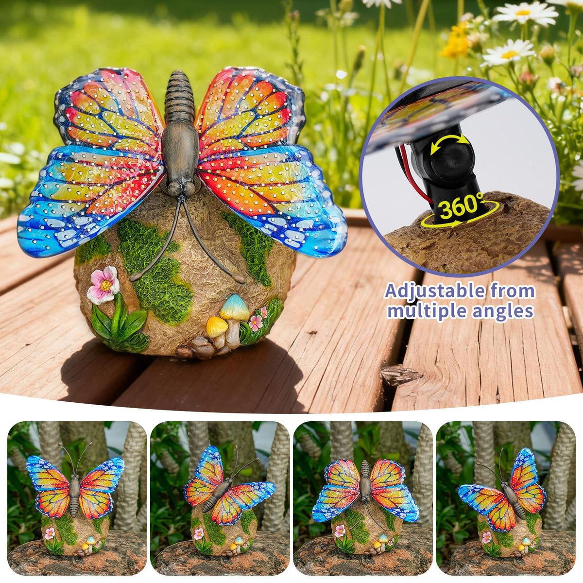 Resin butterfly statue perched beside a water feature creating harmony.